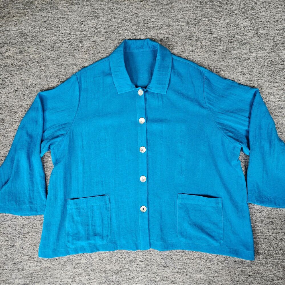 Fridaze Longline Shirt Blazer Lagenlook Top Cyan Azure Blue Oversized Coastal 2X